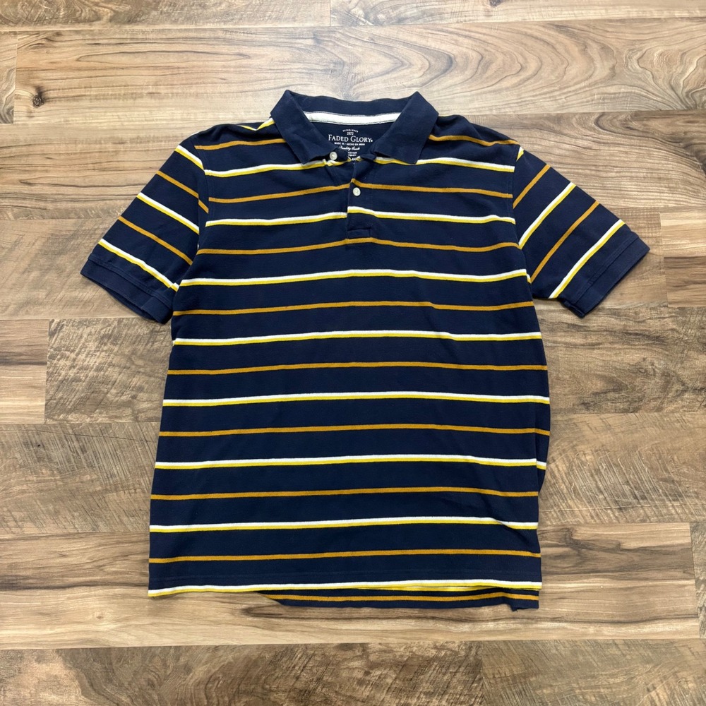 Vintage Y2K Rugby Polo Shirt 2000s Striped Men Large Navy Yellow Faded Glory Tee